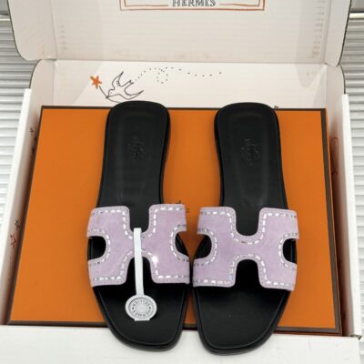 Hermès 頂級 紫色麂皮H字拖鞋 水鑽滾邊設計 法式優雅高級感