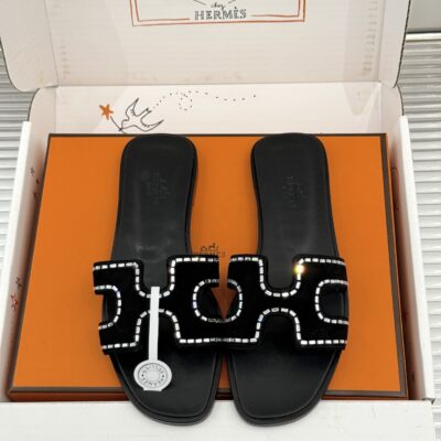 Hermès 原版 黑色H字水鑽拖鞋 鏤空設計 高級質感 百搭奢華風