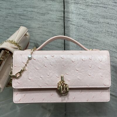 迪奧 精緻版 Lady D-Joy 手提鏈條包 鴕鳥紋壓花設計 優雅 法式奢華
