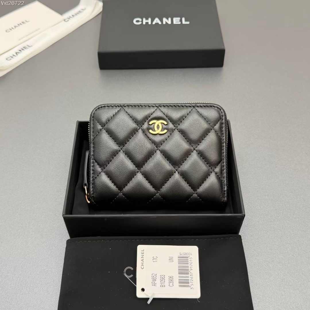CHANEL 高仿菱格紋拉鍊短夾｜ 經典黑色羊皮零錢包 小型皮夾推薦