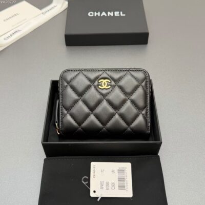 CHANEL 高仿菱格紋拉鍊短夾｜ 經典黑色羊皮零錢包 小型皮夾推薦